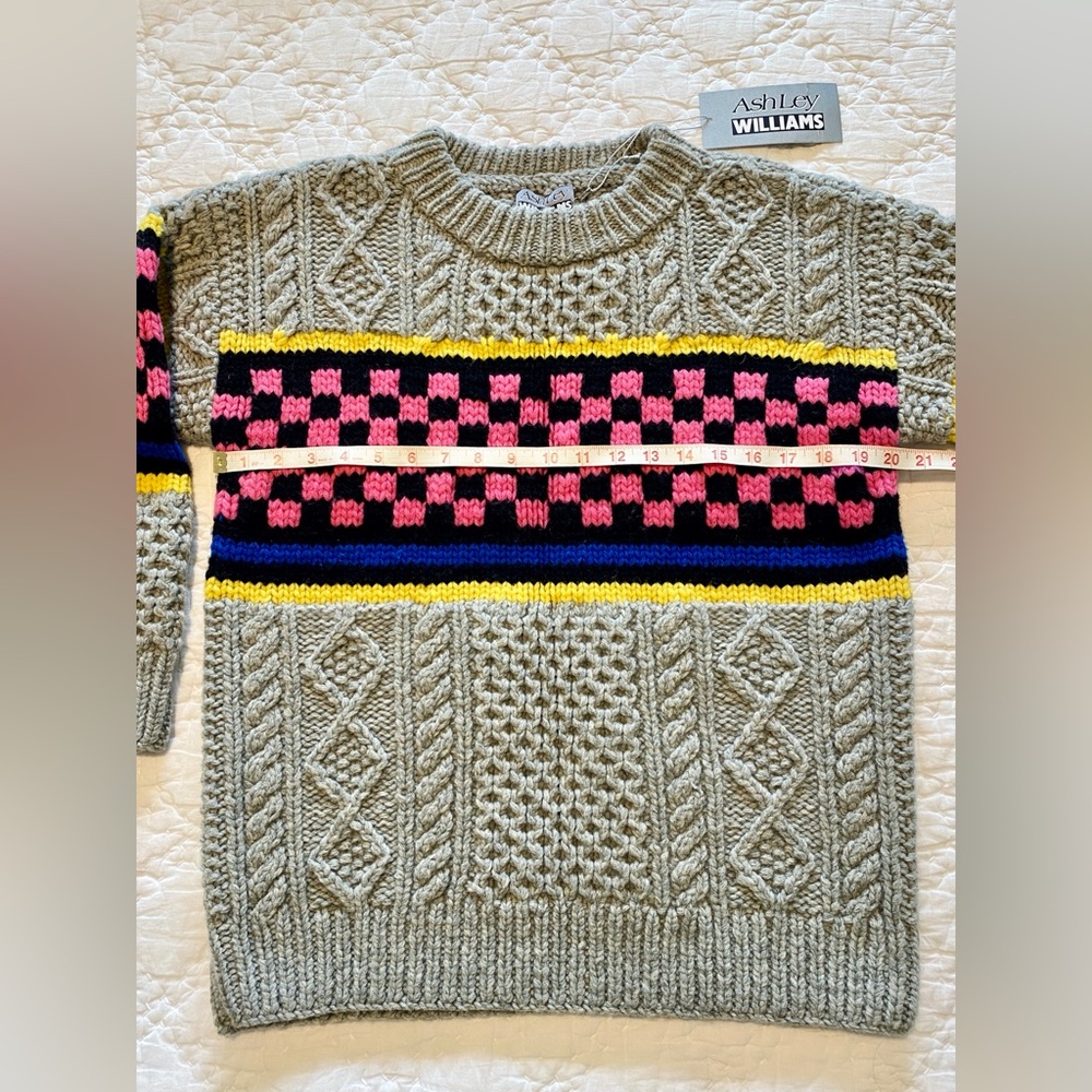 NWT XS ASHLEY WILLIAMS CHECKERBOARD Chunky Knit Sweater Jumper Gray Black Cable - Picture 12 of 16